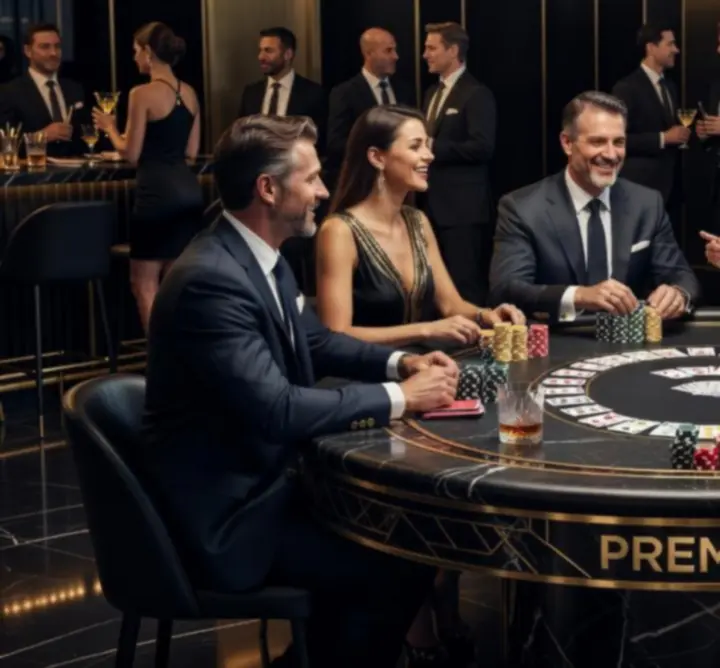 Elegancki wieczór pokerowy RGO z mobilnym stołem pokerowym i grupą uśmiechniętych gości