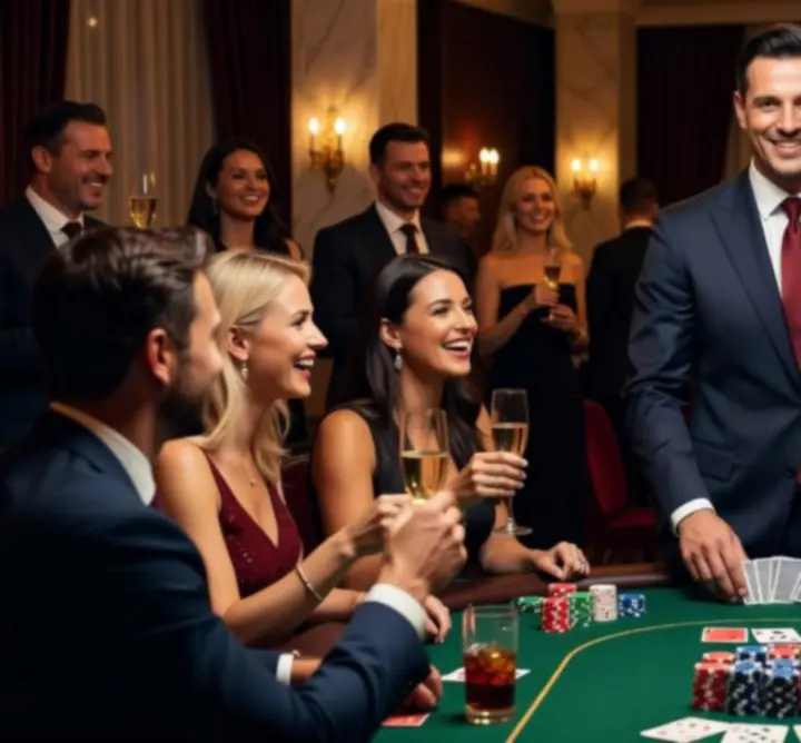 Doświadczony krupier prowadzi mobilny wieczór pokerowy na evencie firmowym