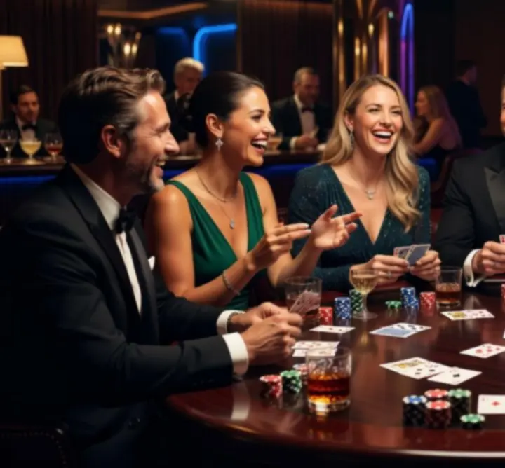 Grupa znajomych i współpracowników bawiąca się podczas wieczoru pokerowego w eleganckim wnętrzu