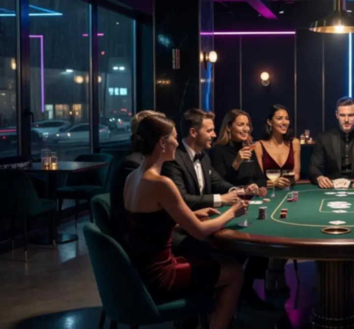 Uczestnicy wieczoru pokerowego RGO przy eleganckim stole podczas eventu mobilnego