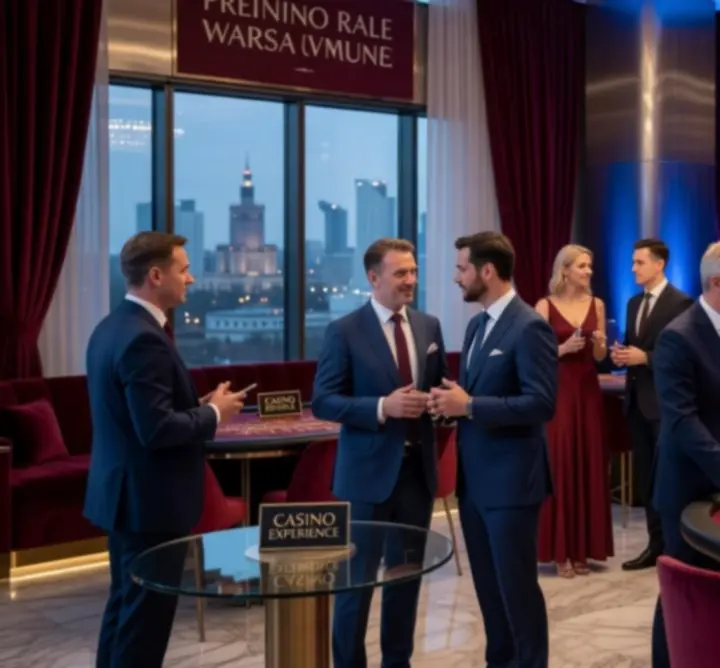 Ekskluzywna impreza firmowa z mobilnymi stołami kasynowymi, światłami i eleganckimi gośćmi